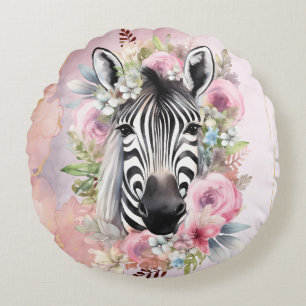 Watercolor Zebra and Floral Wreath  Round Pillow