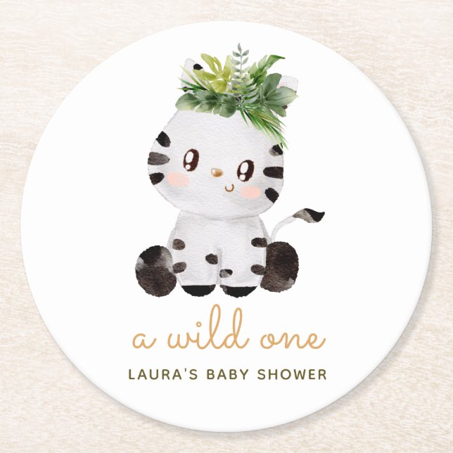 Watercolor Zebra Safari Baby Shower Round Paper Coaster (Front)
