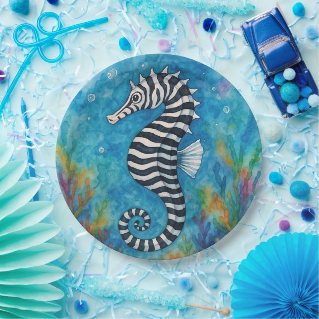 Watercolor Zebra Seahorse Paper Plate (Party)