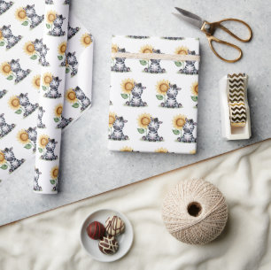Watercolor Zebra With Sunflower Wrapping Paper