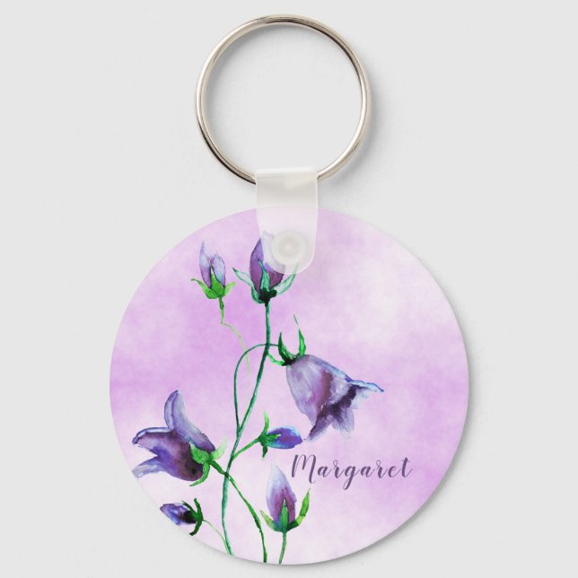 Watercolored bluebells on ultra violet add a name keychain (Front)