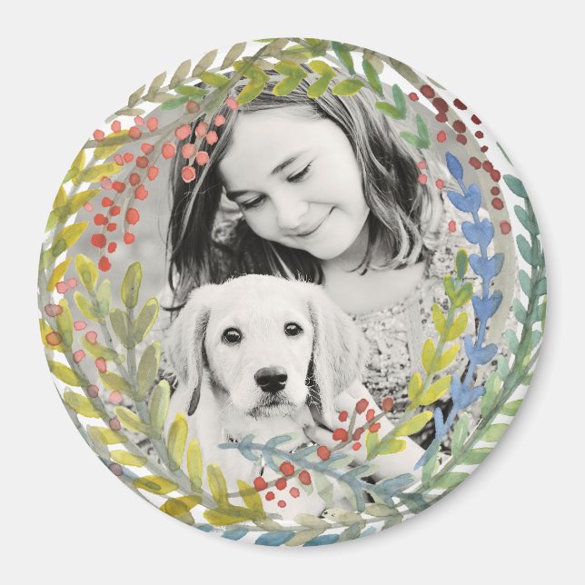 Watercolored Holiday Wreath Frame Magnet (Front)
