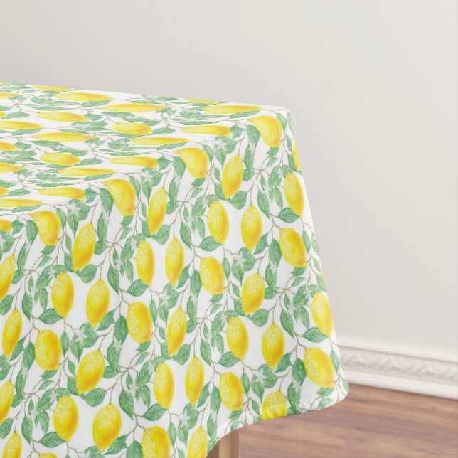 Watercolored lemons leaves white wedding tablecloth (In Situ)