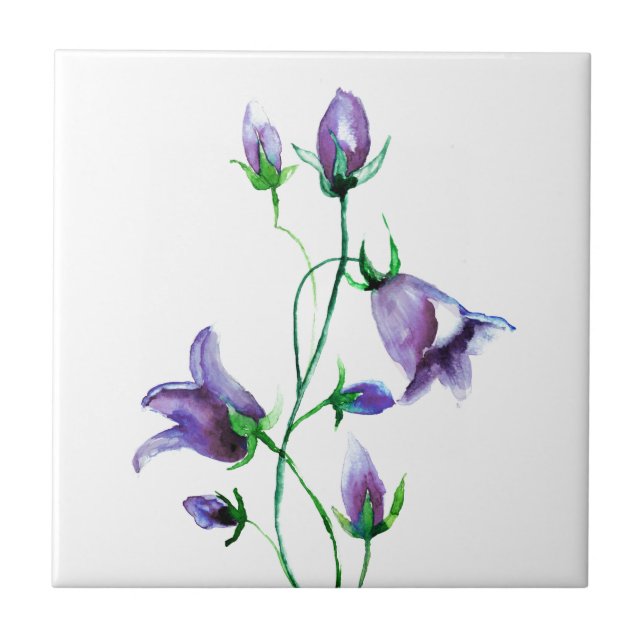 Watercolored violet bluebells florals white purple tile (Front)