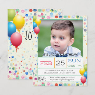 Watercolors and Balloons Photo Birthday Party Invitation