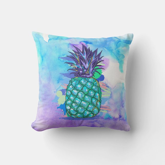 Watercolors Background & Pineapple Illustration Throw Pillow (Front)