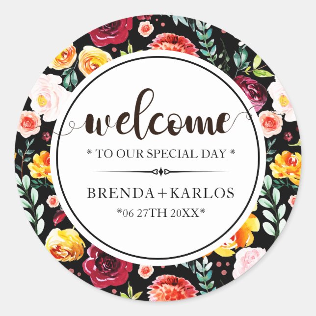 Watercolors bold colours flowers pattern classic round sticker (Front)