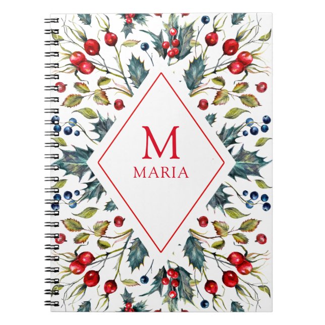 Watercolors Christmas holly monogram Notebook (Front)