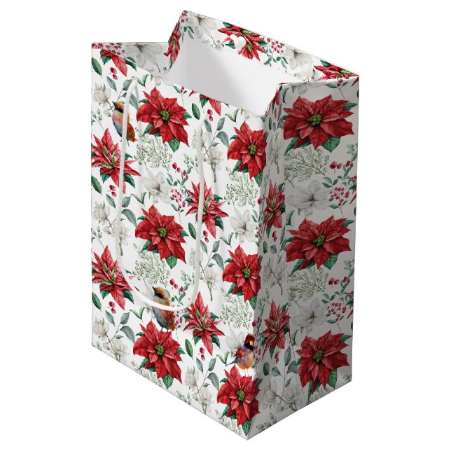 Watercolors Christmas vibe flowers, leaves, birds Medium Gift Bag (Front Angled)