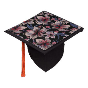 Watercolors Crimson Floral on Black Graduation Cap Topper