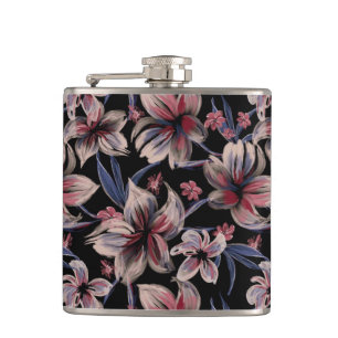 Watercolors Crimson Floral on Black  Hip Flask