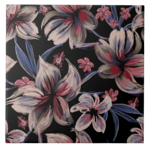 Watercolors Crimson Floral on Black  Tile