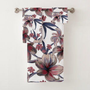 Watercolors Crimson Floral on White Bath Towel Set