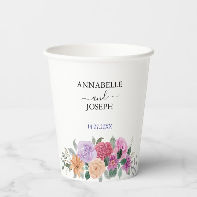 watercolors Florals Modern Botanical Wedding Paper Cups (Back)