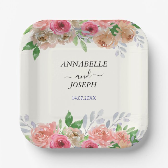 watercolors Florals Modern Botanical Wedding Paper Plate (Front)