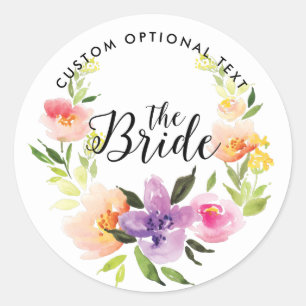 Watercolors Flowers Wreath-The Bride Typography Classic Round Sticker