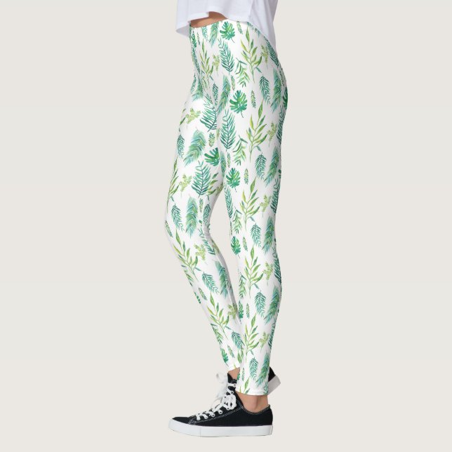 Watercolors Green Leafs Seamless Pattern Leggings (Left)