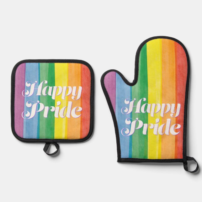 Watercolors Happy Pride Rainbow Oven Mitt & Pot Holder Set (Front)