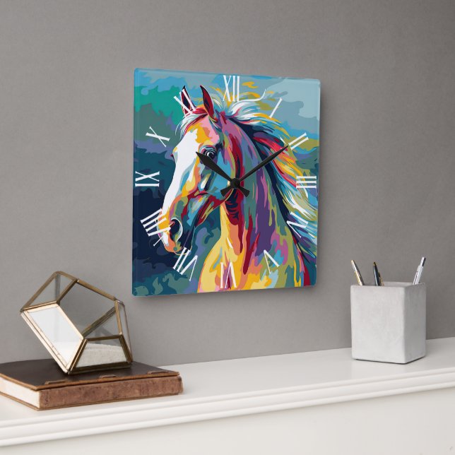 Watercolors Horse Head Illustration Square Wall Clock (Office)