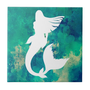 Watercolors Ocean Hues Mermaid Silhouette Tile