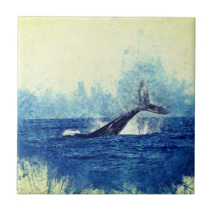 watercolors, ocean whale blue tile