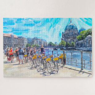 Watercolors of Berlin. Cyclists on the river Spree Jigsaw Puzzle