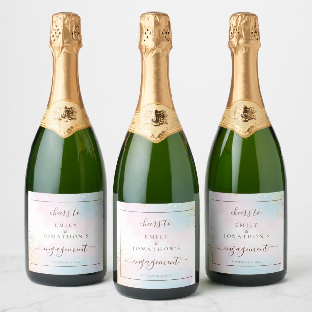 Watercolors Pink Teal Names Cheers Engagement  Sparkling Wine Label (Bottles)