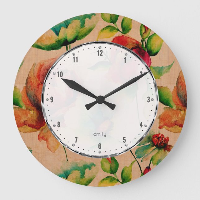 Watercolors Red Budding Roses On Blonde Wood Large Clock (Front)