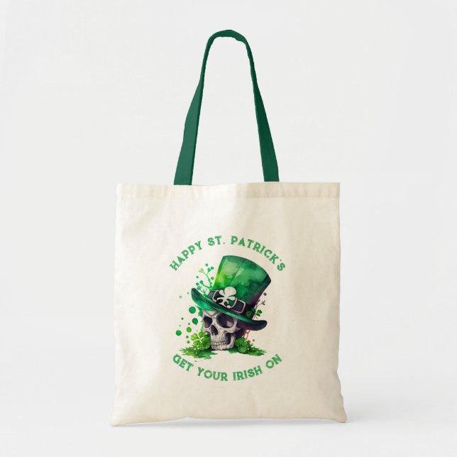 Watercolors shamrock skull illustration tote bag (Front)
