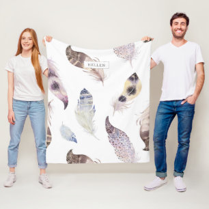 Watercolors tribal feathers pattern fleece blanket