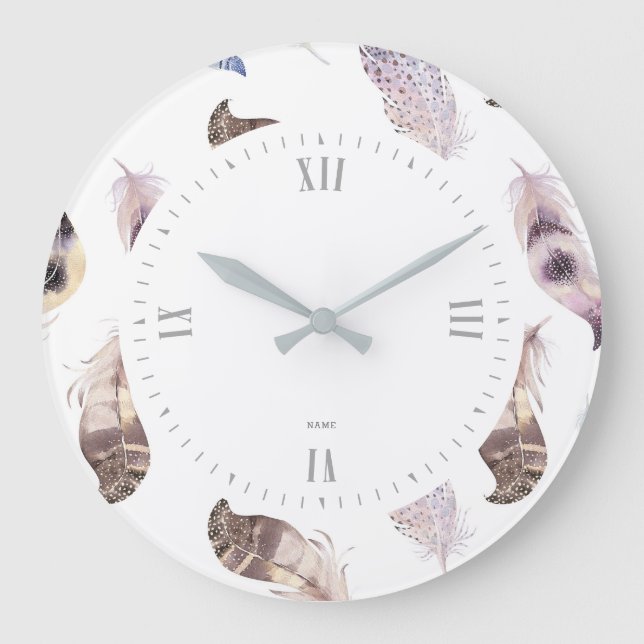 watercolors tribal feathers pattern large clock (Front)