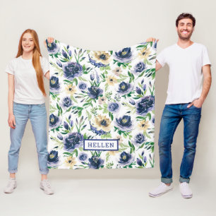 Watercolors violet-blue & yellow flowers pattern fleece blanket