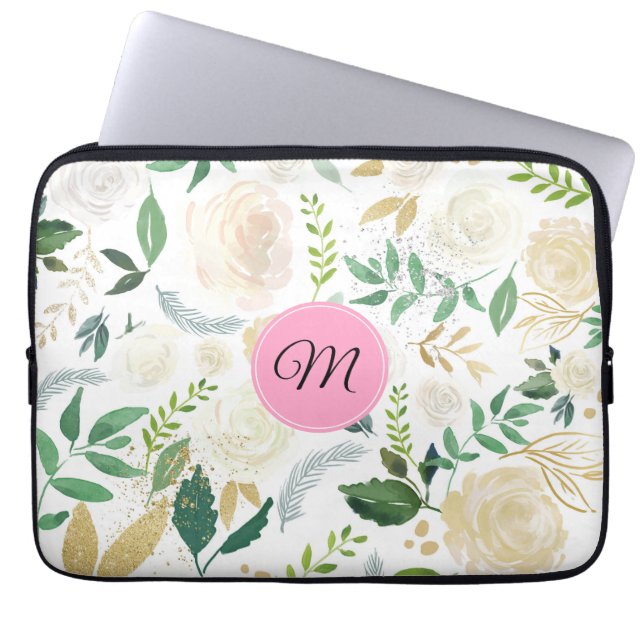 Watercolors White & Beige Roses Pattern Laptop Sleeve (Front)