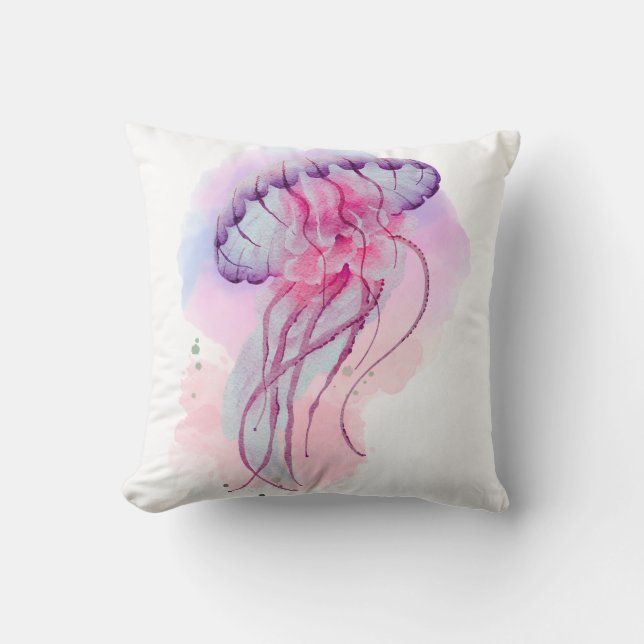 Watercolour artwork of Jellyfish Throw Pillow (Front)