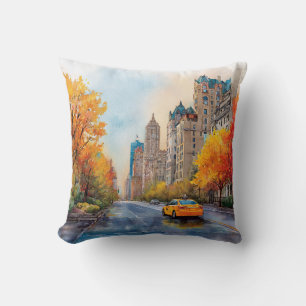 Watercolour Autumn in New York Throw Pillow