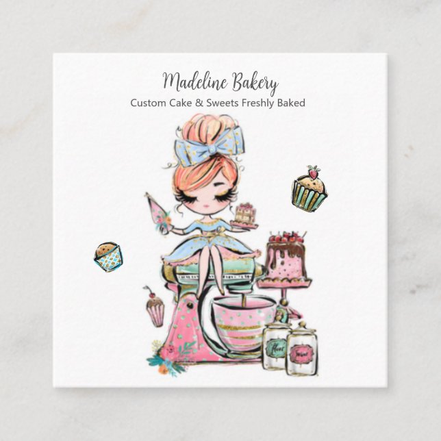 Watercolour Bakery Mixer Pastry Sweets Cakes      Square Business Card (Front)