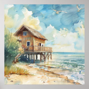 Watercolour Beach Cottage Poster