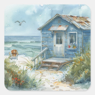 Watercolour Beach Cottage Square Sticker
