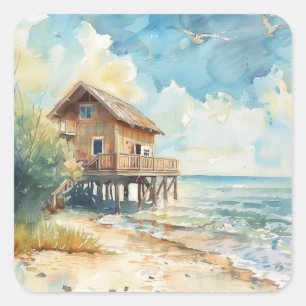 Watercolour Beach Cottage Square Sticker
