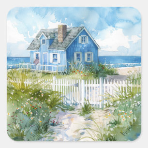 Watercolour Beach Cottage Square Sticker
