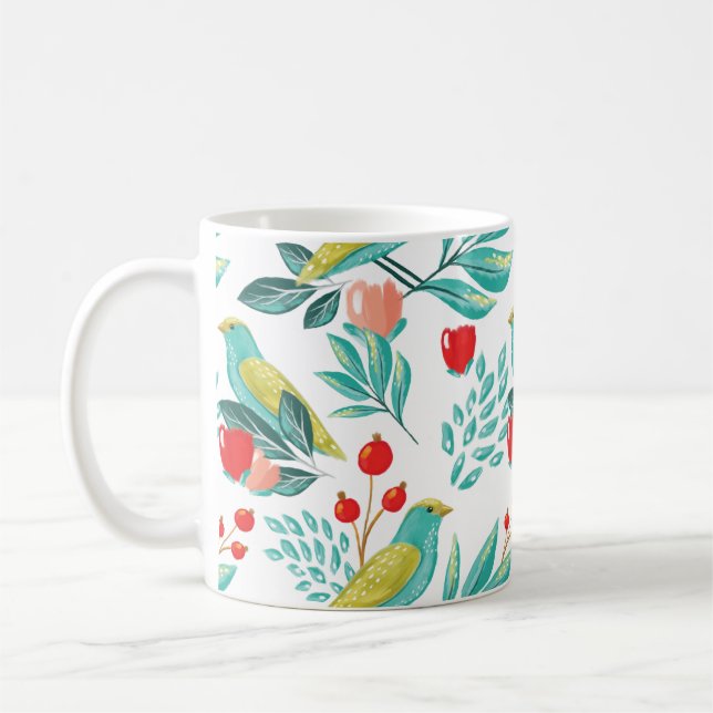 Watercolour Birds, Cranberry & Greenery Christmas Coffee Mug (Left)