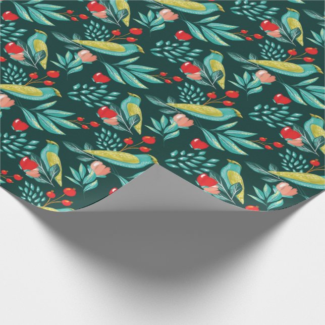 Watercolour Birds, Cranberry & Greenery Christmas Wrapping Paper (Corner)