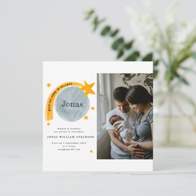 Watercolour Birth Announcement Star Moon Baby Card (Standing Front)