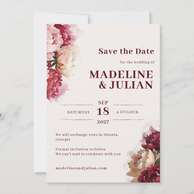 Watercolour Blooms | Romantic Peony Wedding Save The Date (Back)