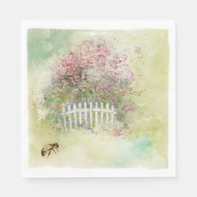Watercolour Blossoms and Bee Paper Napkin (Front)