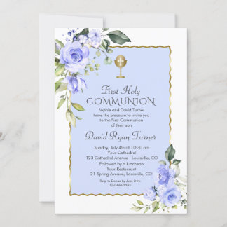 Watercolour Blue Flowers First Holy Communion Invitation