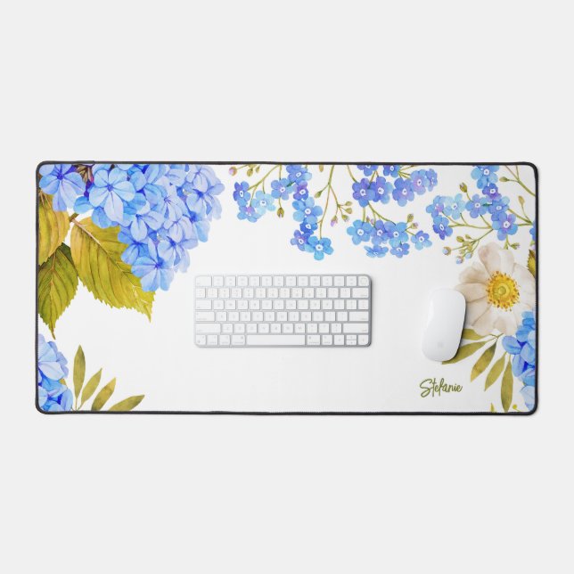 Watercolour Blue Hydrangeas Floral Personalized Desk Mat (Keyboard & Mouse)