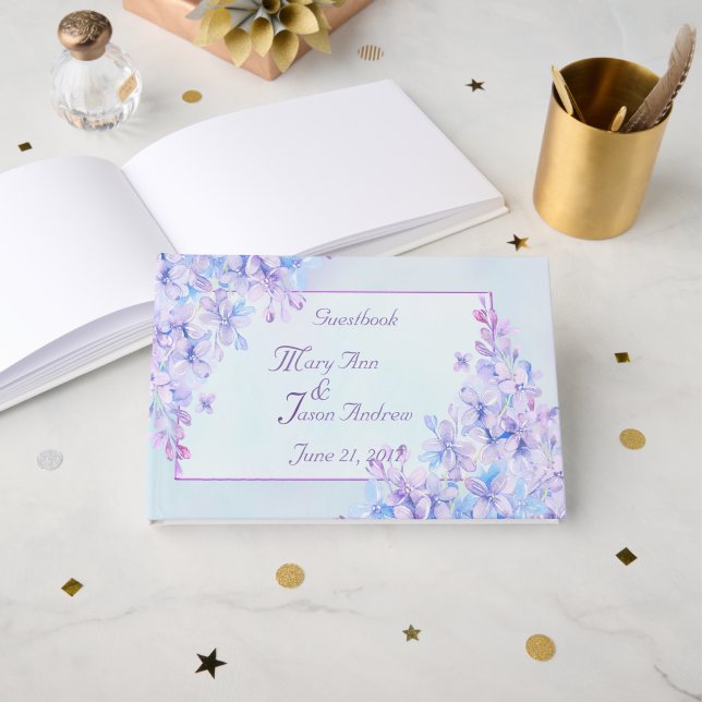 Watercolour Blue Purple Lilac Flower Guestbook (Front Open)