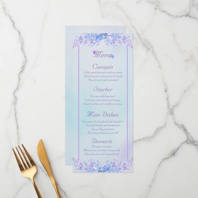 Watercolour Blue Purple Lilac Flower Menu Card (Front/Back In Situ)
