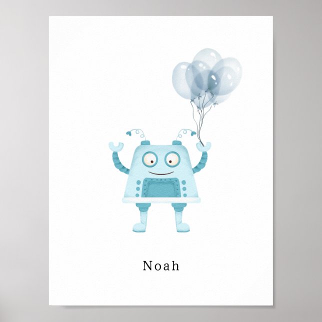 Watercolour Blue Robot With Balloons Name Poster (Front)